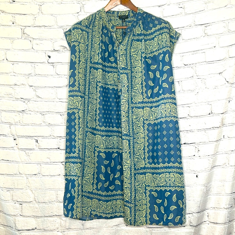 Current Air Los Angeles Denim Blue Pale Yellow Paisley Print Dress Size Medium